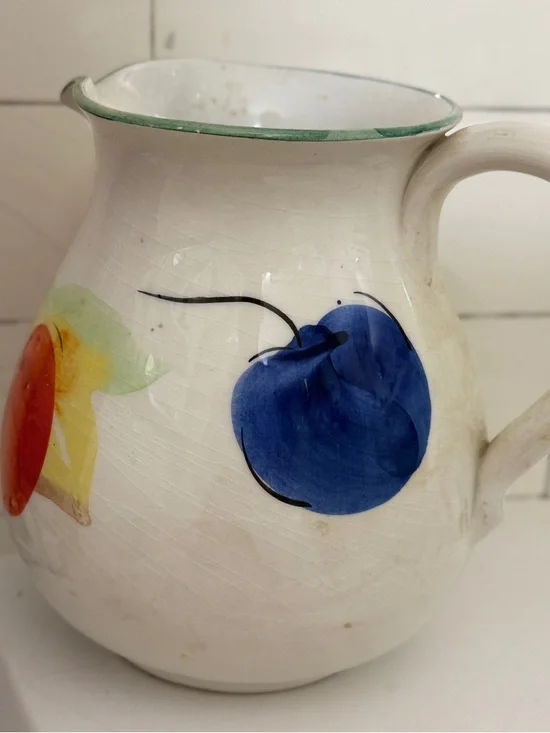 Hand-Painted Ceramic Fruit Pitcher in White with Blue and Orange Accents - Picture 1 of 7